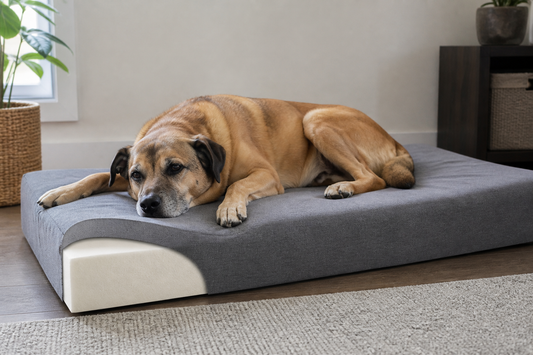 Medium to large dog lying on an orthopedic dog bed in a clean living room