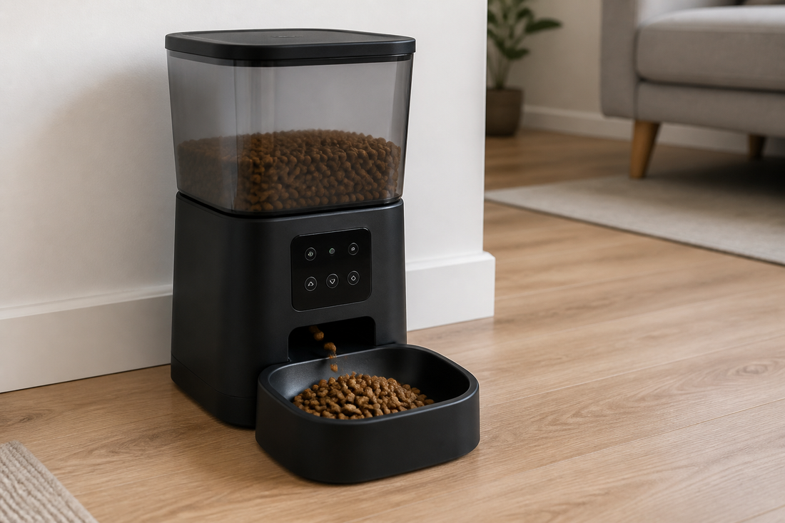 Automatic pet feeder dispensing dry kibble into a bowl on a floor indoors